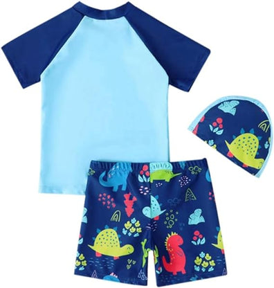 Sky Blue Shirt & Short Swimsuit 2 PCs Set with Cap SWM6154B